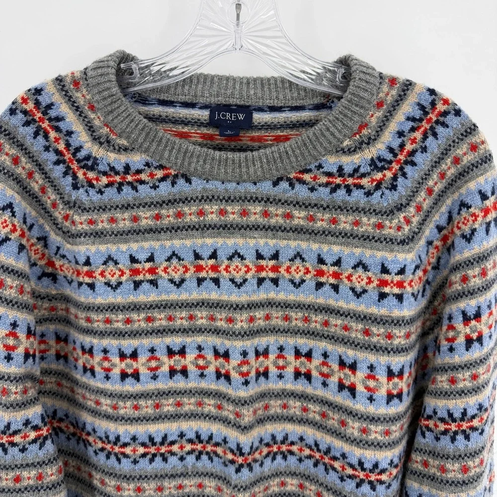 J. Crew Fair Isle Icelandic Sweater Lambswool Blend Gray Multi Size L
